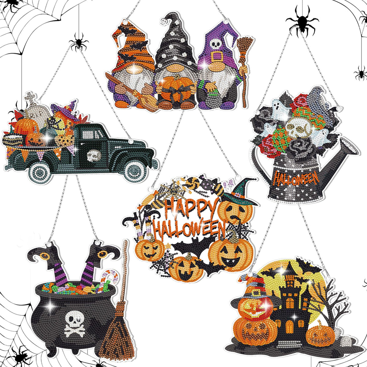 Chitidr 6 Pcs Halloween Diamond Painting Hanging Sign Set Witch Pumpkin Gnome Diamond Art Paint Arts Set 5D DIY Ornaments Kits for Halloween Wall Door Window Decor