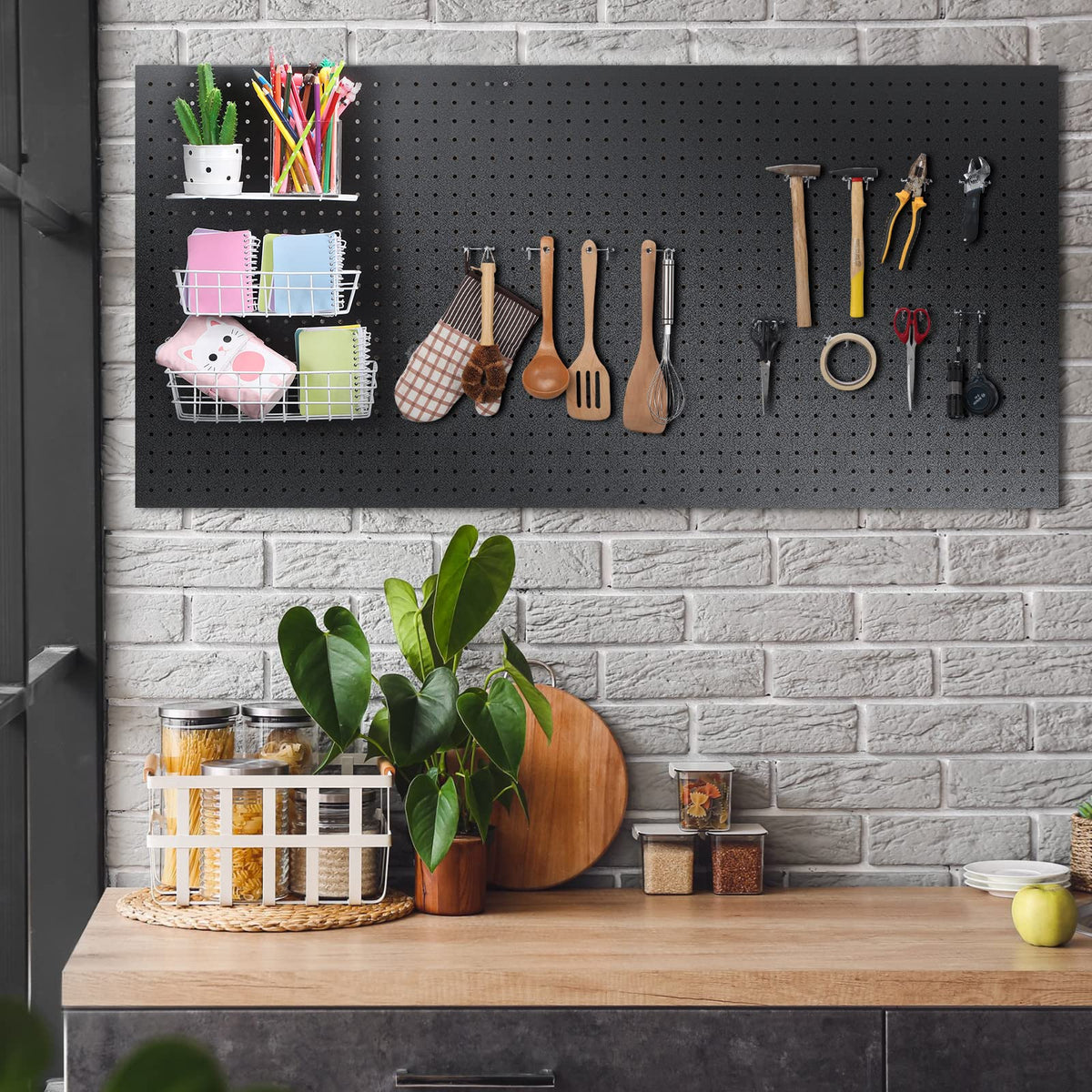 2 Pcs Wood Pegboard High Density Fiberboard 24 x 48 Inches Wall Mount Display Black Pegboard with Mounting Hardware Round Hole Peg Boards for Walls, Garage Craft Room Workshop Organizers and Storage