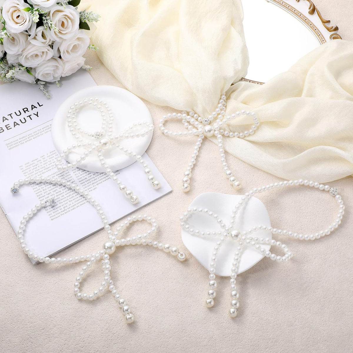 Lewtemi 4 Pcs Pearl Bow Magnetic Curtain Tiebacks Decorative Curtain Holdbacks No Drill for Mother's Day Home Outdoor Bedroom Office (Bowknot)