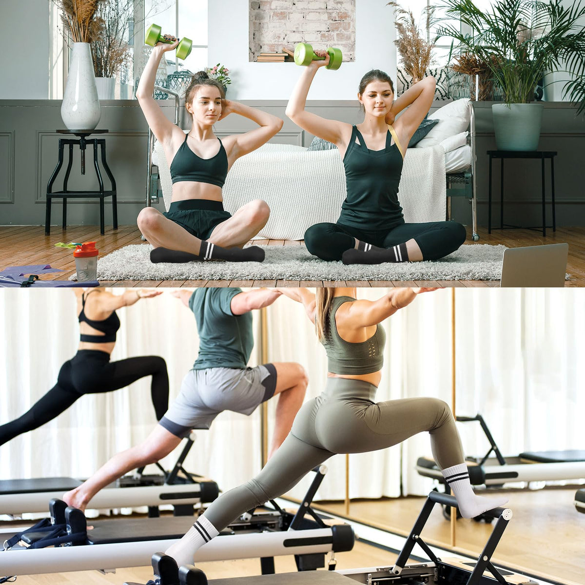 Toes Home Pilates Socks for Women with Grippers, Non Slip Yoga Crew Socks for Barre Hospital Exercise Workout Sticky Athletic Slipper Socks 4 Pairs