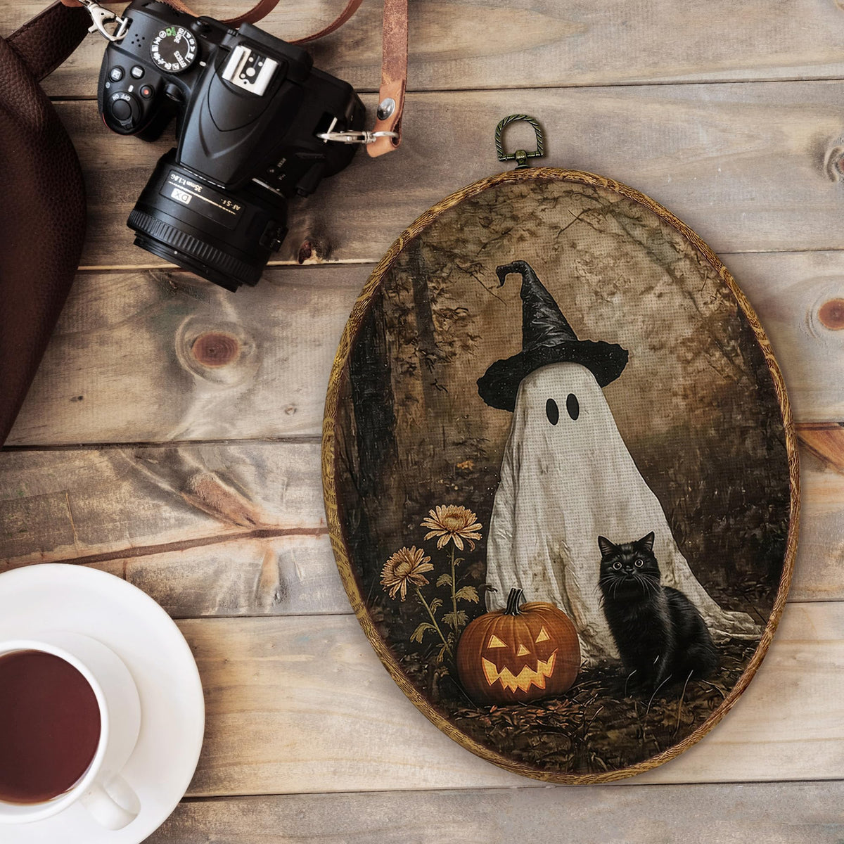 fZSZSD Halloween Witchy Ghost Pumpkin Black Cat Oval Wall Art Decor, Moody Fall Oval Framed Canvas Art Prints, Rustic Forest Spooky Wall Hanging Decor for Home Bedroom Living Room, 8.5x11.5 Inch