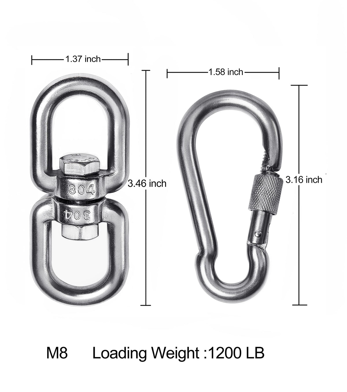 2+1 Heavy Duty 304 Stainless Steel Swivel Ring Double Ended Swivel Eye Hook with SUS304 Snap Hooks for Web Tree Swing, Swing Spinner Hanger, Reliable and Safe (M8)