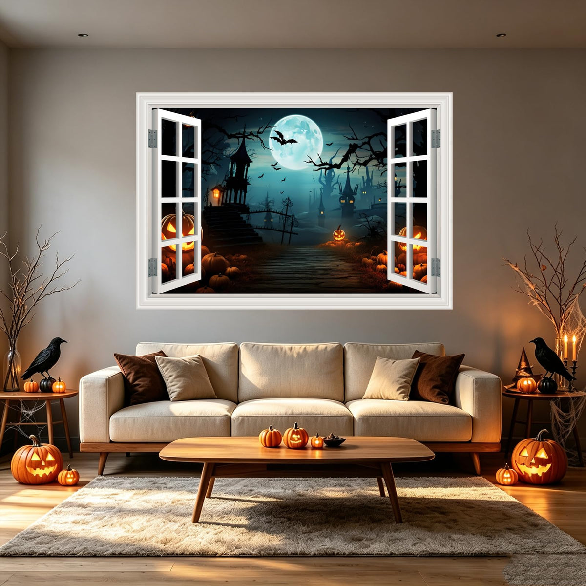 Fake Window Wall Decals Halloween Pumpkin Castle Bat Night View Terror Mural Faux Window Sticker Poster Open Wall Art Picture， for Room Office Decor Stick and Peel Natural Scenery Scene 16“x24”
