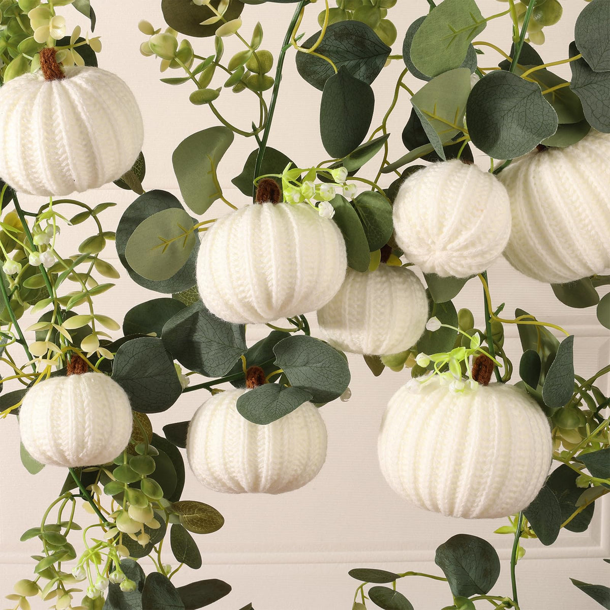 12-Pack Fall Crochet Pumpkins Handmade Fall Decor Set with 2.36, 3.15, 4inch Sizes Knit Pumpkins Farmhouse Thanksgiving Table Centerpiece, Halloween Decorations (White)