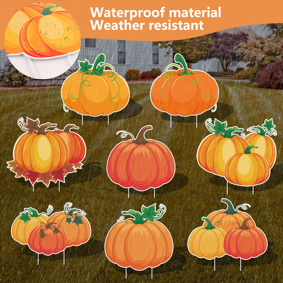 Arosche Fall Yard Signs with Stakes 8pcs Happy Fall Thanksgiving Decorations Outdoor Orange Pumpkins Harvest Garden Wall Porch Signs Seasonal Holiday Party Supplies Lawn Yard Decorations