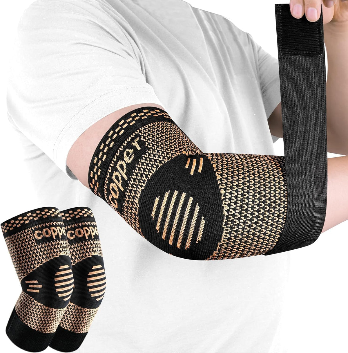 Copper Elbow Sleeve,Elbow Compression Sleeve, Elbow Brace For Tendonitis and Tennis Elbow,Golfers, Arthritis, Bursitis. Elbow Pain Relief,Weightlifting, Fit for Men & Women (Medium, Strap Style)