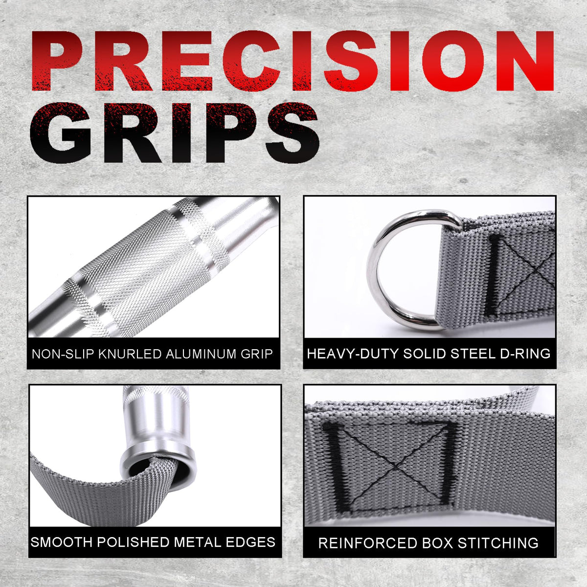 FLEXIKIN Premium Aluminum Alloy Gym Handles with Thickened Strap – Anti-Slip Grid Grip, Heavy-Duty Welded D-Ring for Cable Machine, Pulley System, and Strength Training Workouts (Gray)