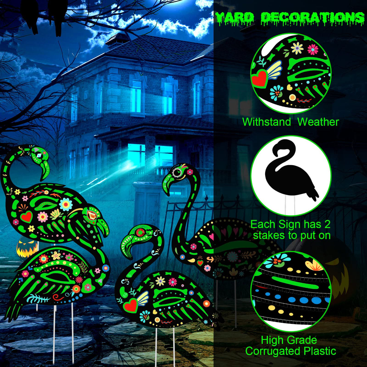 Amyhill 4 Pcs Halloween Glow in The Dark Skeleton Flamingo Yard Ornament with Stake Flamingo Outdoor Lawn Decor Scary Plastic Skeleton Yard Sign for Party