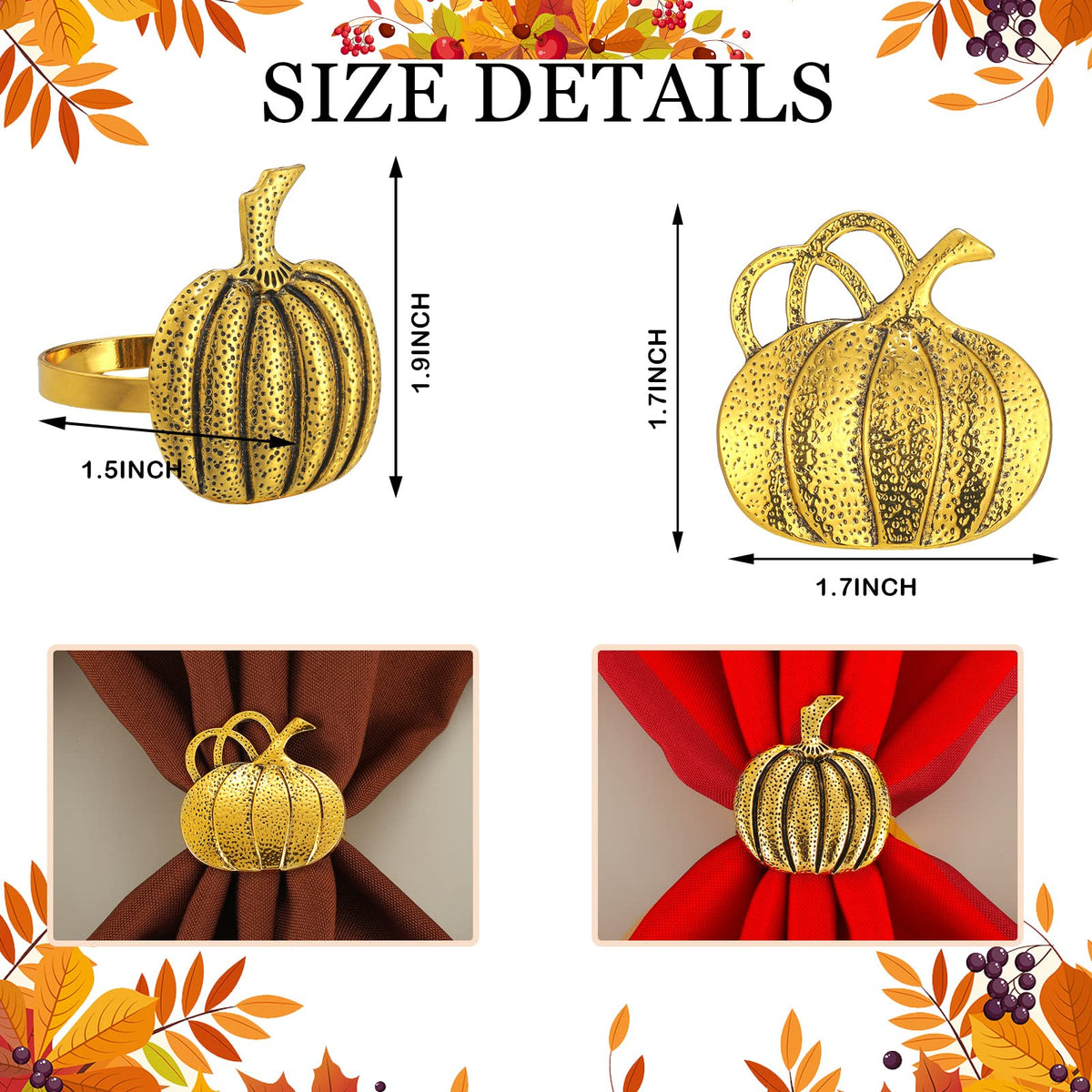 16 Pcs Fall Thanksgiving Napkin Ring Set 8 Pcs Napkin Rings and 8 Pcs Washable Thanksgiving Dinner Napkins for Fall Party Holiday Kitchen Table Decoration for Autumn Party Supplies (Pumpkin)