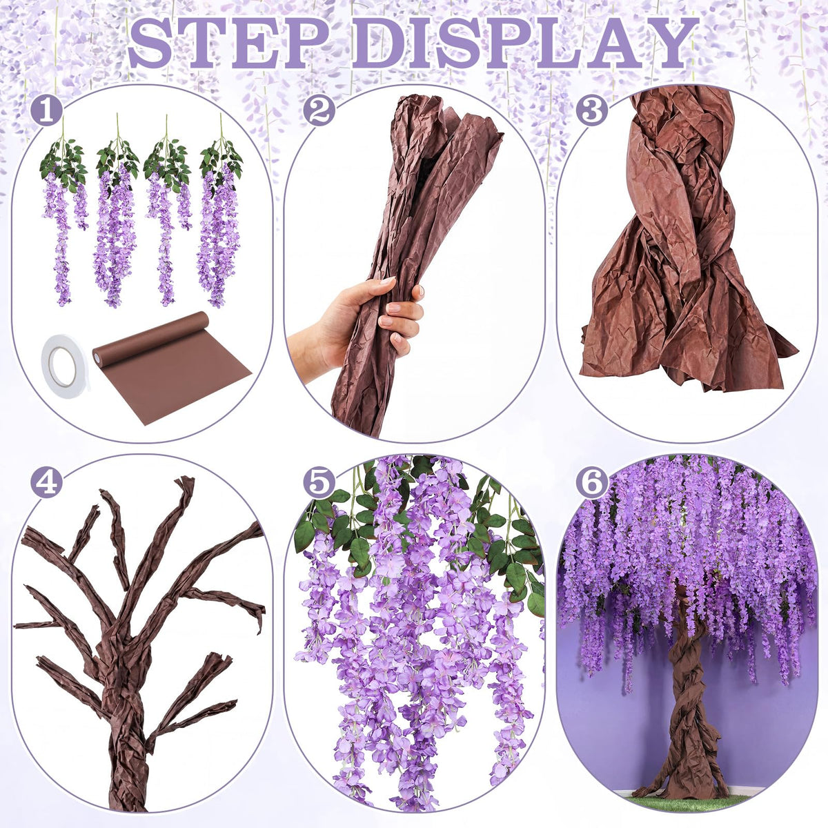 Giegxin DIY Wisteria Tree Hanging Flowers Branches 3D Paper Blossom Tree for Home Classroom Wall Spring Decor Fake Ceiling Flowers 20 Wisteria Branches for Indoor Bedroom Forest Background(Pruple)