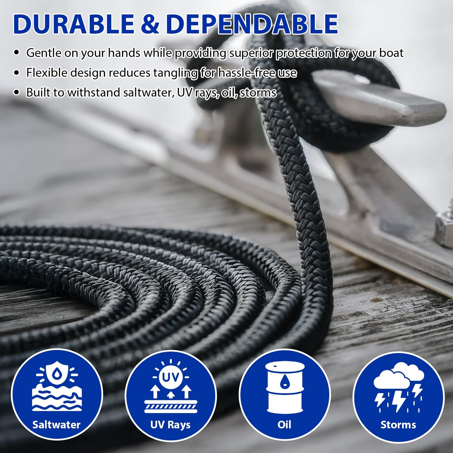 Boat Dock Lines Marine Rope - 5/8" x 15ft with Pre-Spliced 15" Loop Double Braided Nylon Ropes Bumper Tie Mooring Line for Boats Docking Pontoon Boating Accessories - 4 Pack