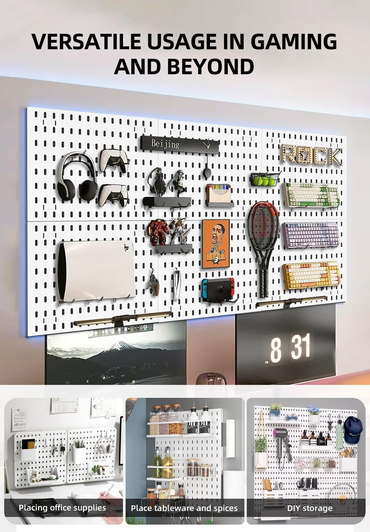 EVDBOBO Pegboard Wall Organization Accessories Pack - 25 Pieces of White Hooks, Storage Bins & Fastening Strips (White)
