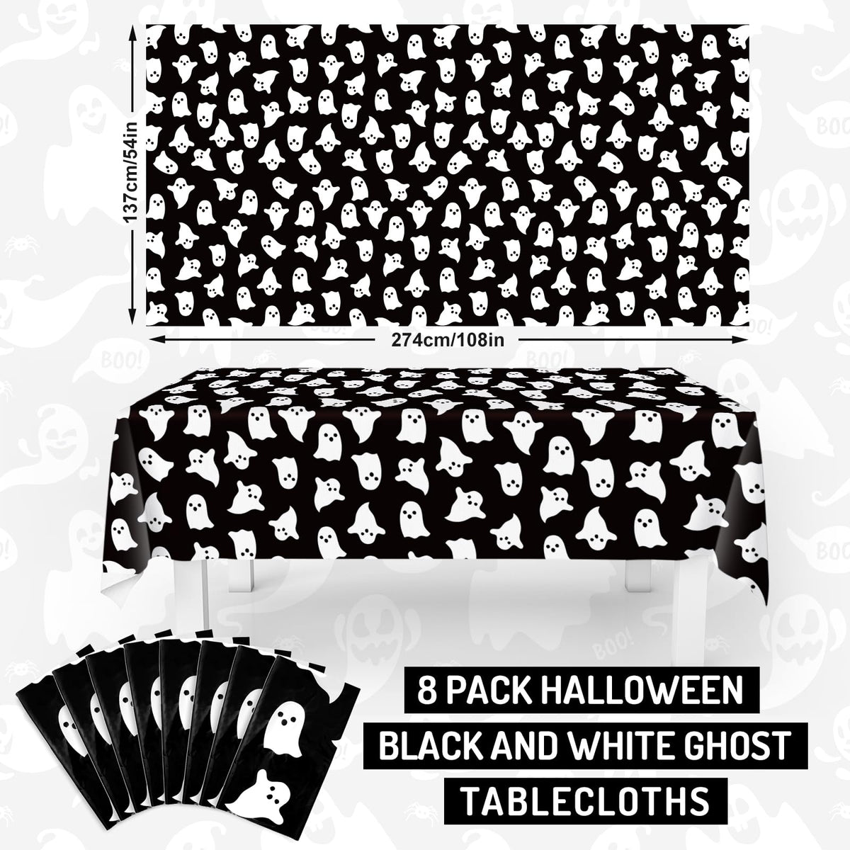 JarThenaAMCS 8 Pcs Halloween Plastic Tablecloths White Black Ghost Disposable Table Cover Spooky Rectangle Table Cloth for Trick or Treat Party Decor, 54 x 108 Inch