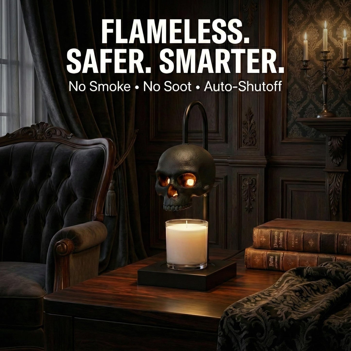 Skull Candle Warmer Lamp with Timer and Dimmer *Candles NOT Included – Black Gothic Candle Lamp Warmer w/ Adjustable Height, 2 Light Bulbs – Skull Decor, Goth Gothic Decor Spooky Home & Witchy Gifts