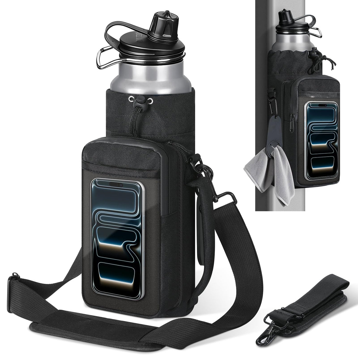MoKo Magnetic Gym Bag, Magnetic Water Bottle Holder with Clear Phone Pouch, Built-in 4 Magnets Fitness Bag for Men and Women Compatible with Most Water Bottles, Gym Accessories Gifts, Black