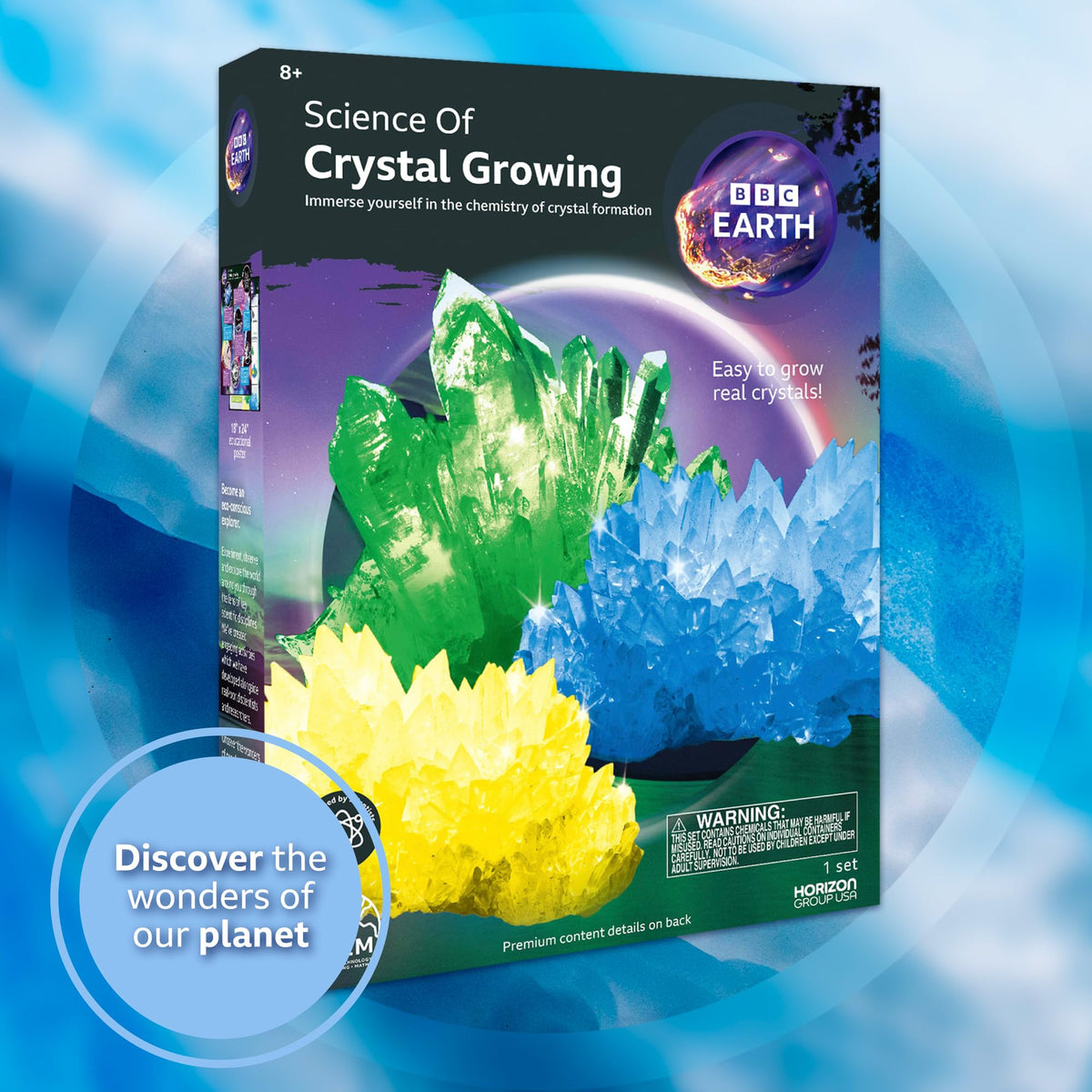 BBC Earth Science of Crystal Growing, Grow 3 Dazzling Crystals, Includes Display Case, Powdered Paints, Learning Guide, Crystal Growing Kit, STEM Toys, Kids Science Kit, STEM Kits for Kids Age 12-14