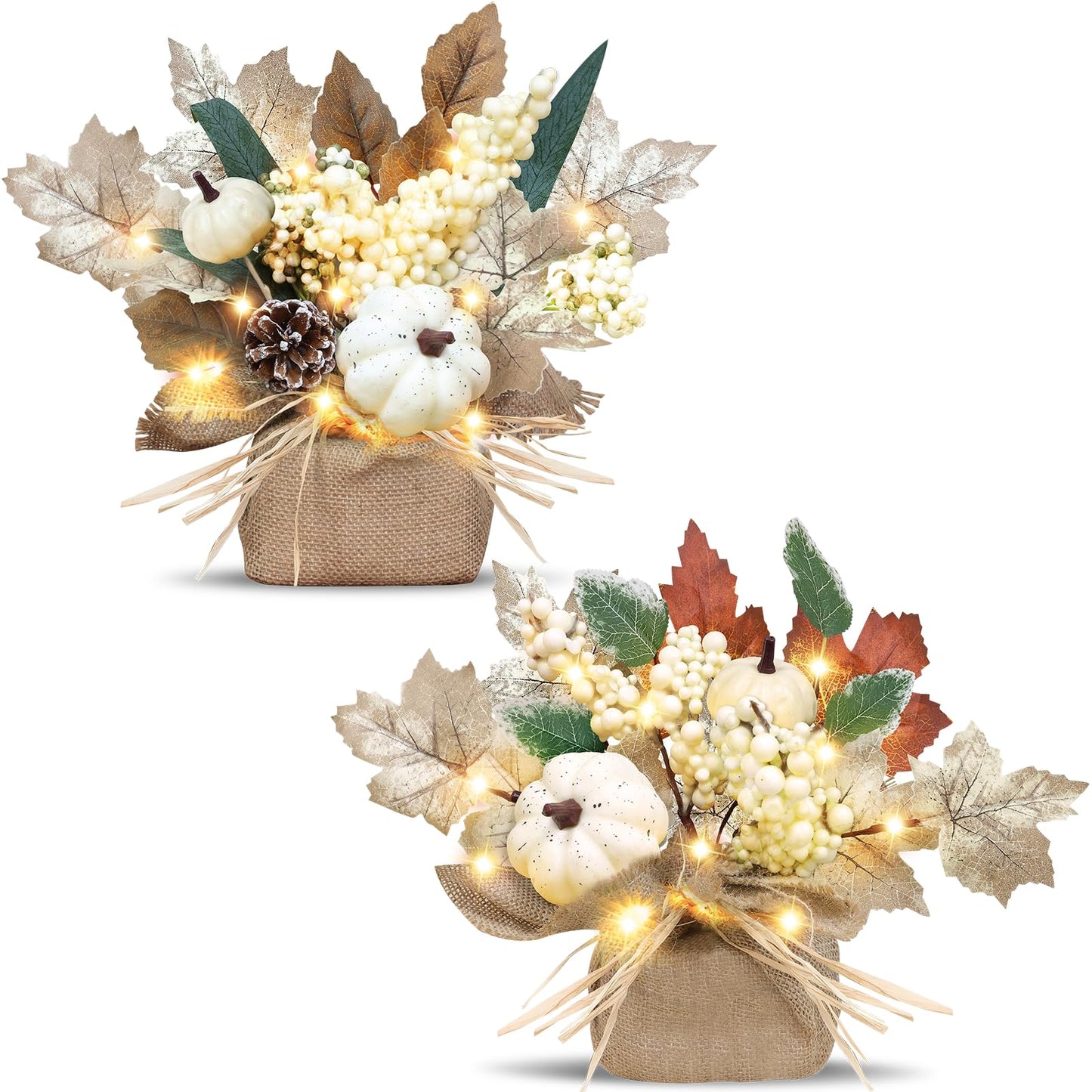 2 Styles & Timer Fall Decor- 2 Pack 11 Inch Tabletop Maple Tree Fall Decorations for Home, Lighted Fall Trees with 20 LEDs Battery Powered Leafed Pumpkin Cones Berry Autumn Thanksgiving Decorations