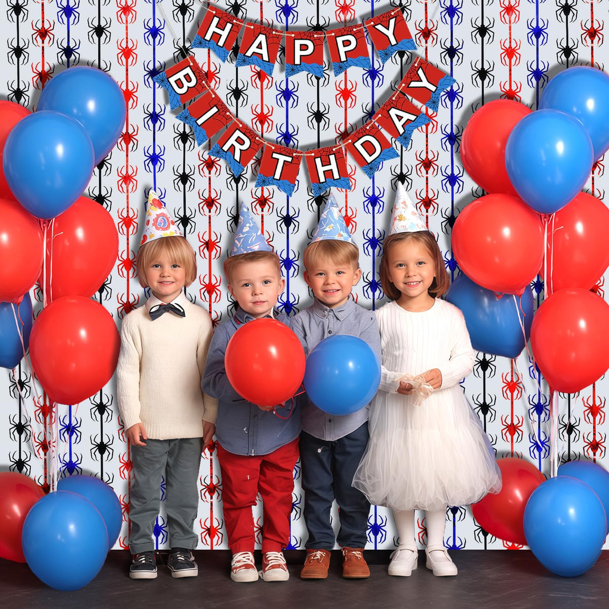 OQOQ Spider Birthday Decorations, 1 Set Banner & 2 Pcs Red Black Blue Spider Tinsel Foil Fringe Curtains Backdrops (3.3x6.6 ft), Large Birthday Photo Booth Props Indoor Party Boy Room Decor