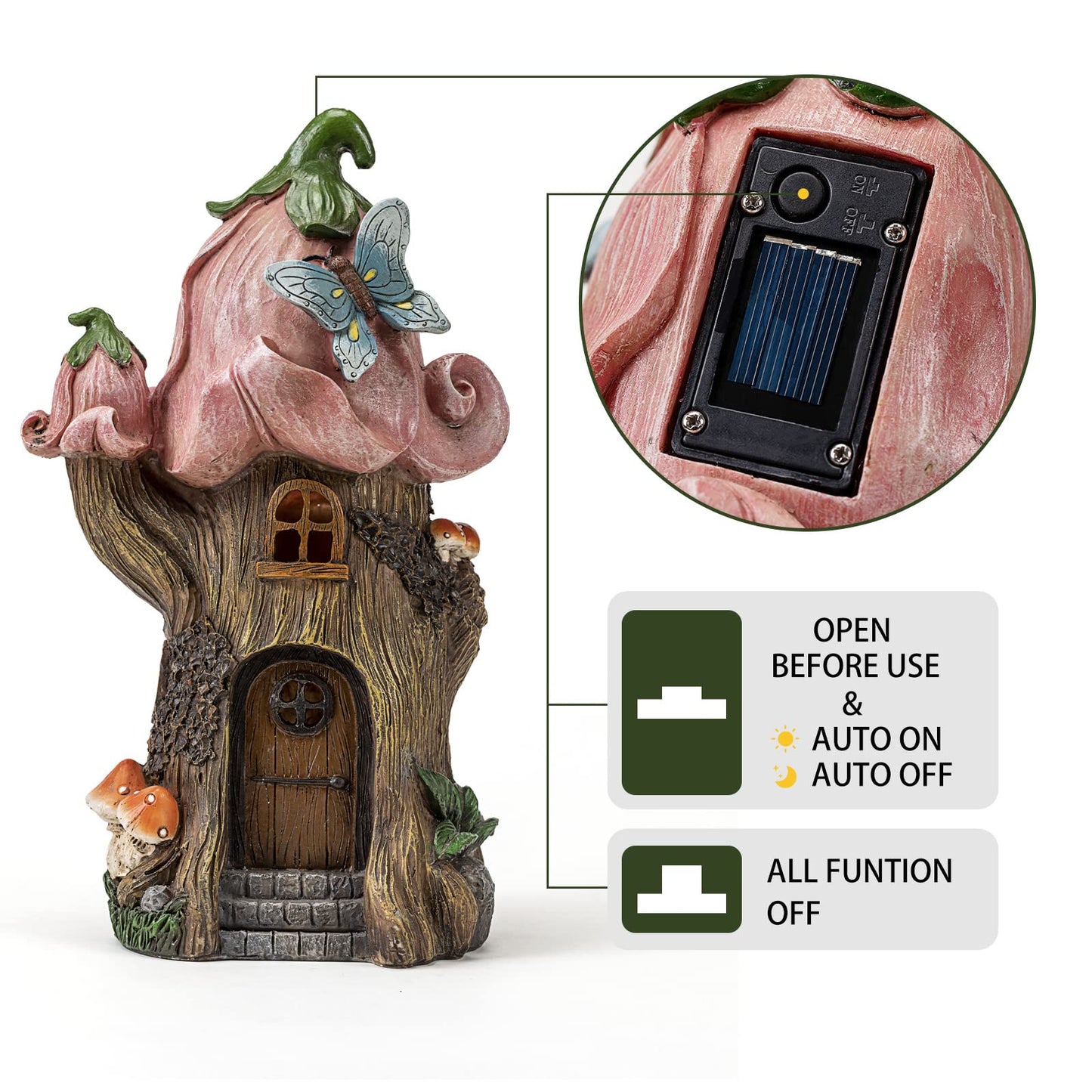Fairy Garden Accessories Outdoor Statues, Mushroom House Decor,Large Gnome Solar Powered Lights Sculptures,Pink Resin Figurine Butterfly Figurines Lawn Ornaments for Patio Yard Decorations 11Inch