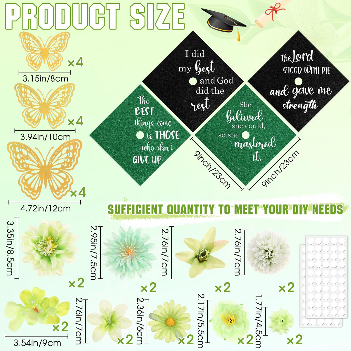Dunzoom 34 Pcs DIY Graduation Cap Decorations Accessory Kit Artificial Flowers Inspirational Cardstock 3D Butterfly Stickers for DIY Hat Grad Cap Topper Graduation Party Supplies(Green)