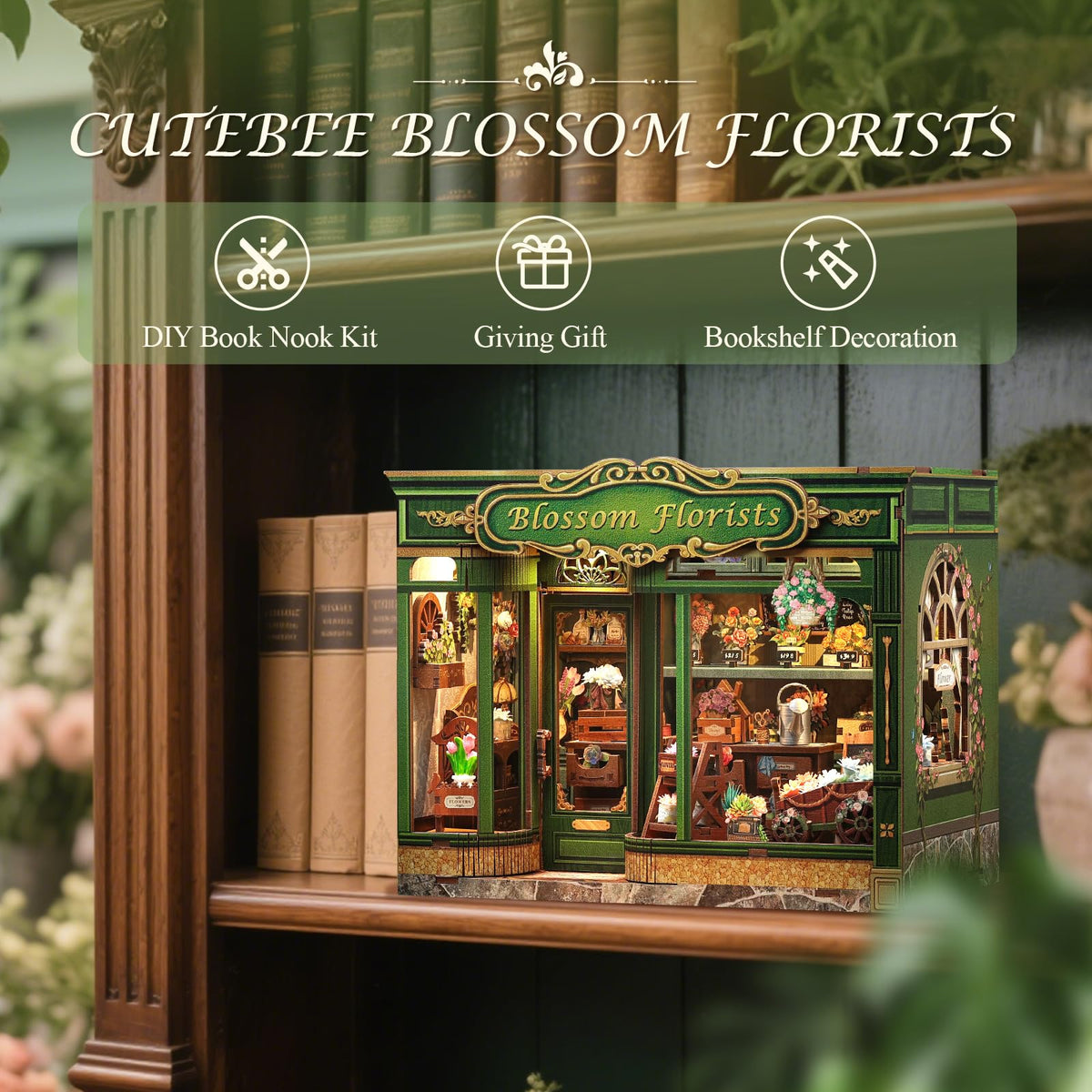 CUTEBEE Book Nook Kit, DIY Miniature House Kits for Adult and Teens, Dollhouse Booknook Tiny House, Bookshelf 3D Wooden Puzzle, DIY Craft Gifts for Family and Friends (Blossom Florists)