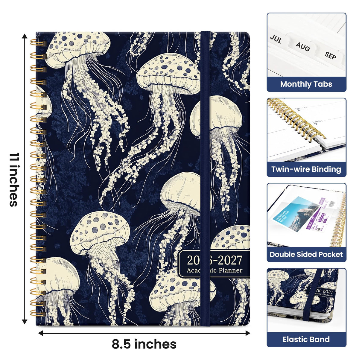 Planner 2026-2027, Academic Year Weekly and Monthly Calender Planner, from Jul 2026 - Jun 2027, Spiral Bound School Planning Book, Perfect for Teacher, Student, Women & Men, A4 (8.5" x 11"), Midnight Jellyfish