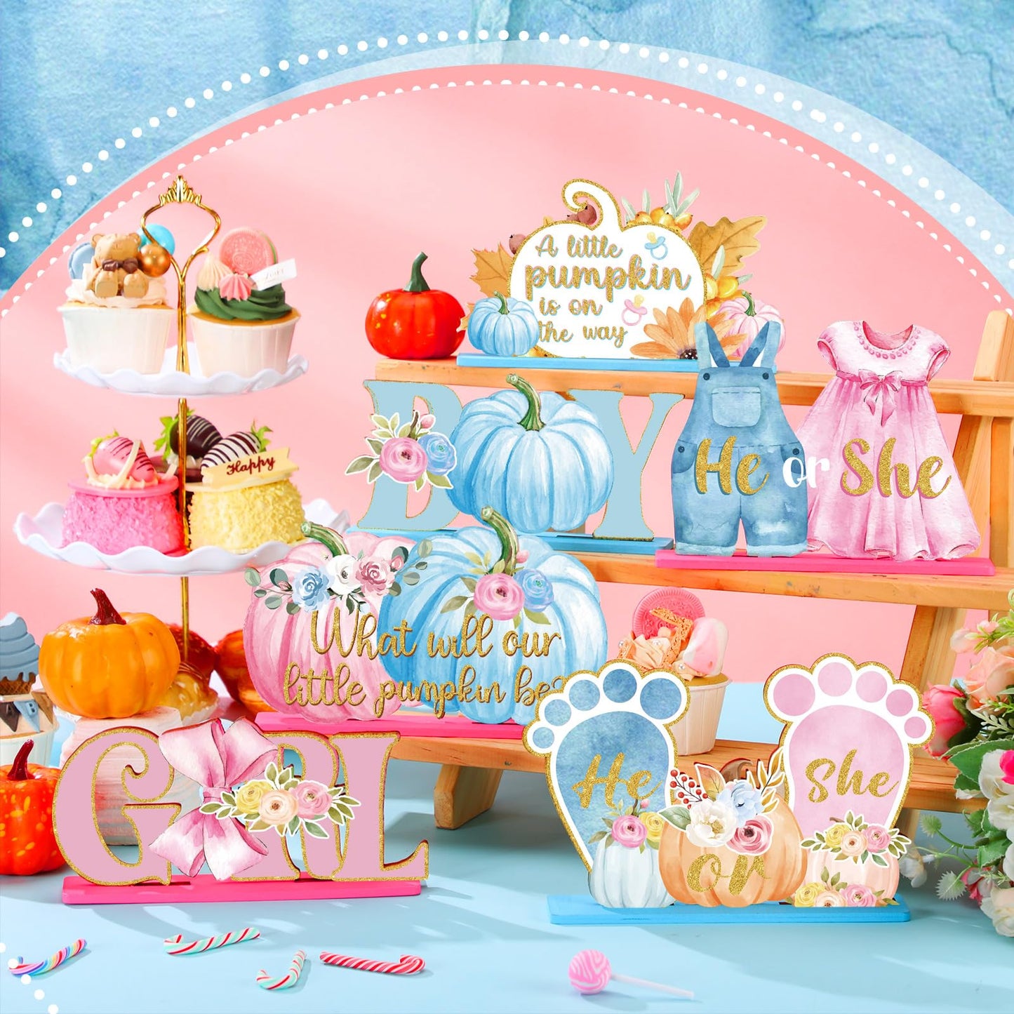 DoubleFill 6 Pcs Fall Little Thanksgiving Pumpkin Decorations Gender Reveal Party Table Centerpieces is on The Way Table Decor Boy Girl Toppers for Autumn Home He or She Party(Pink and Blue,Cute)