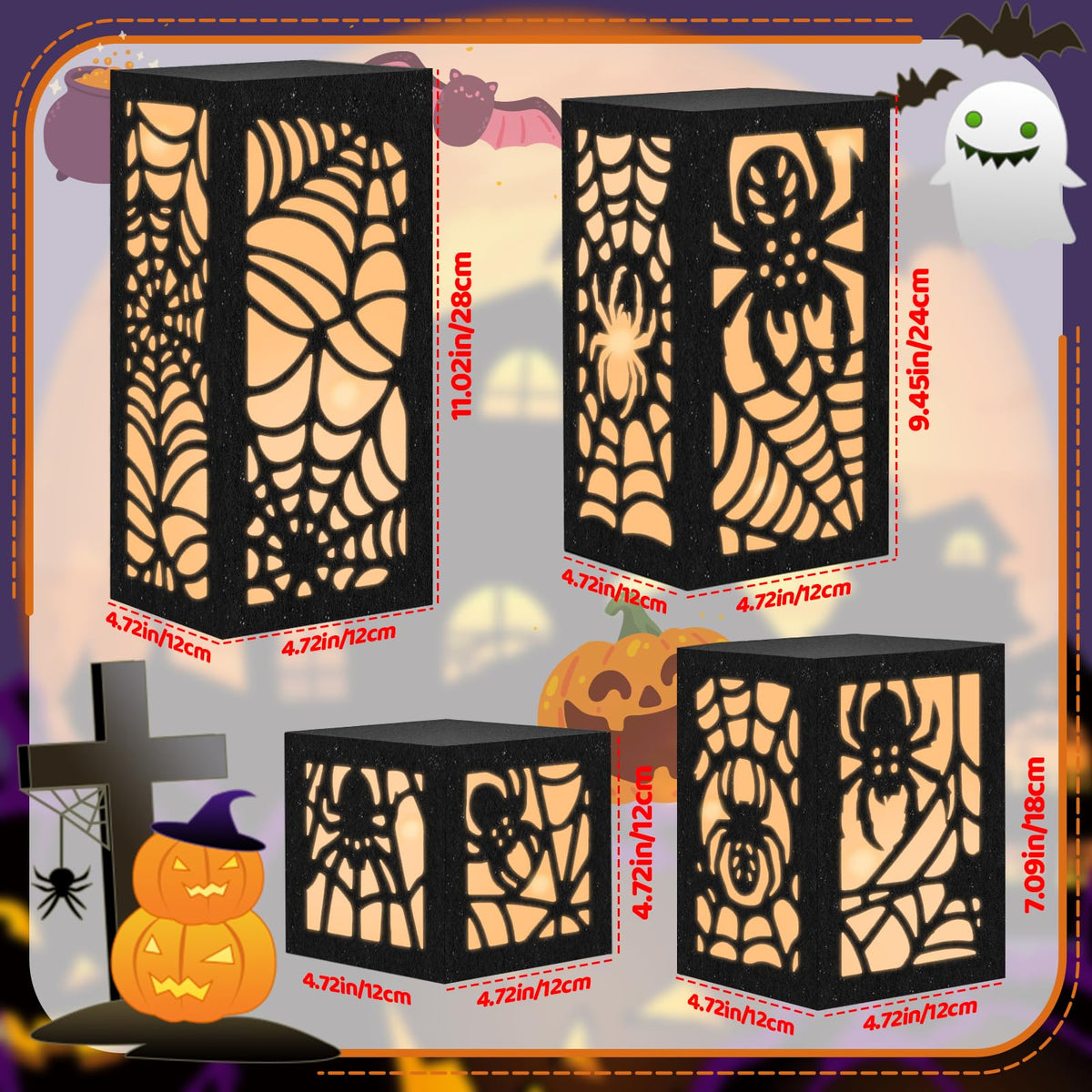 OuMuaMua 4 Pcs Halloween Party Decorations Indoor Halloween Table Centerpieces Boxes, Light up Spider Web Paper Lanterns with Led Lights for Spooky Party Supplies Home Decor