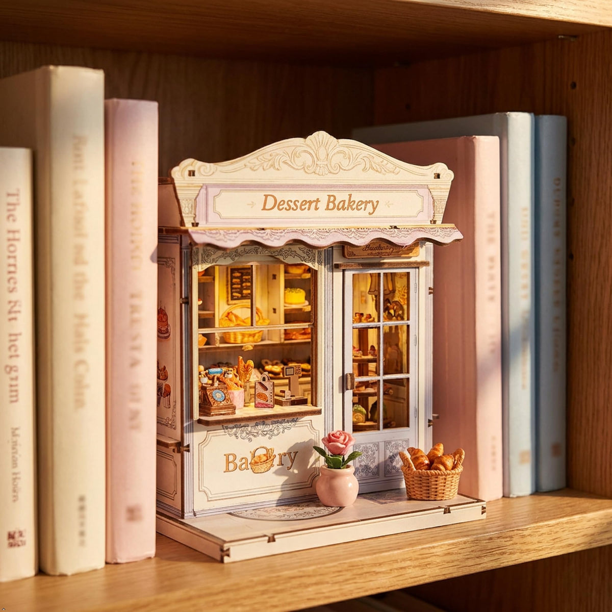 Book Nook Kit - DIY Miniature House Bakery Patisserie Dollhouse Kit for Adults and Teens, Booknook Tiny House Bakery Shop Bookshelf Decor 3D Wooden Puzzle, Gifts for Family, Friends (with Glue)