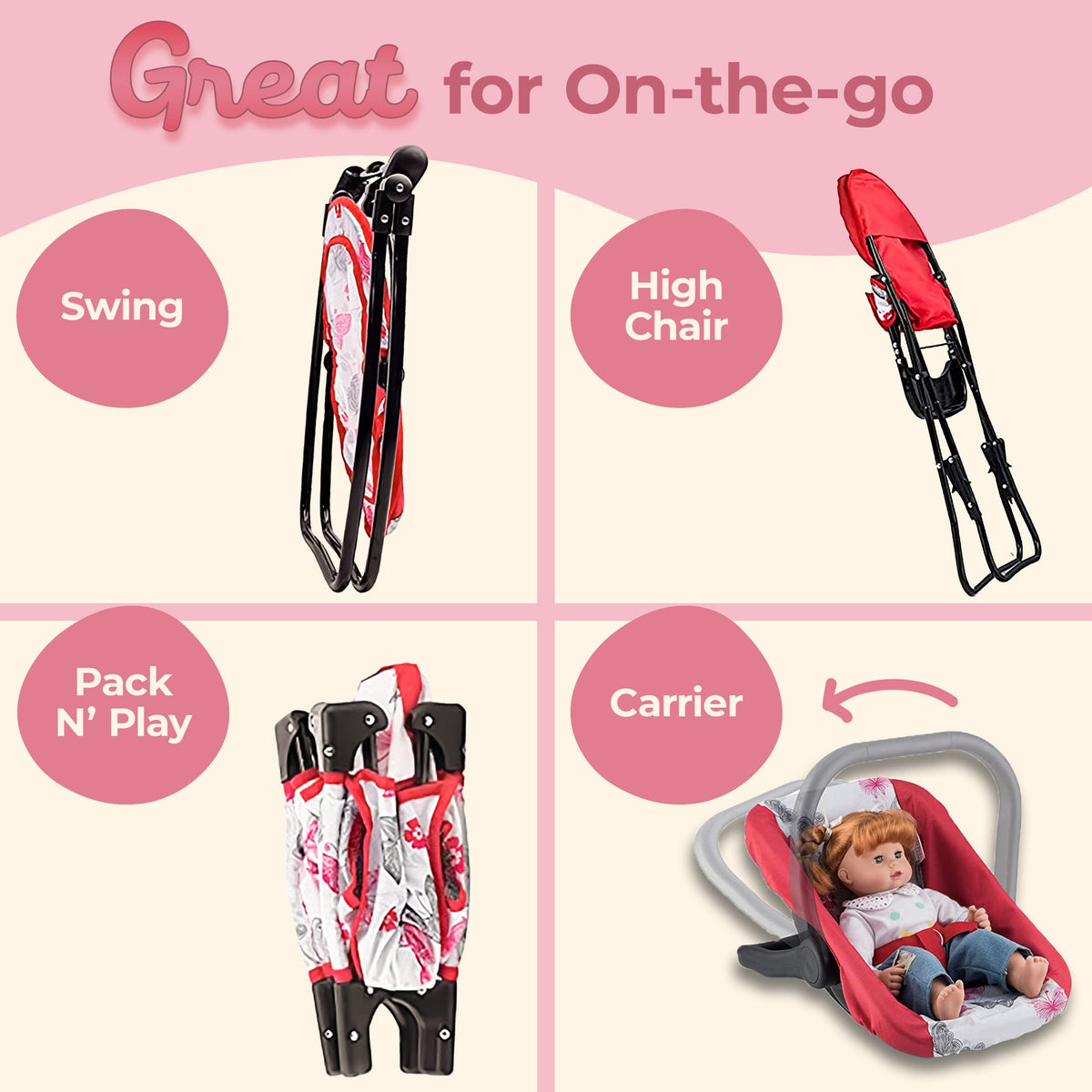 18-Inch Baby Doll Nursery Playset by Litti - Doll Accessories Set with Swing, Crib, High Chair, and Carrier - Realistic Toy Furniture for Imaginative Play - Gift for Kids Ages 3 Up