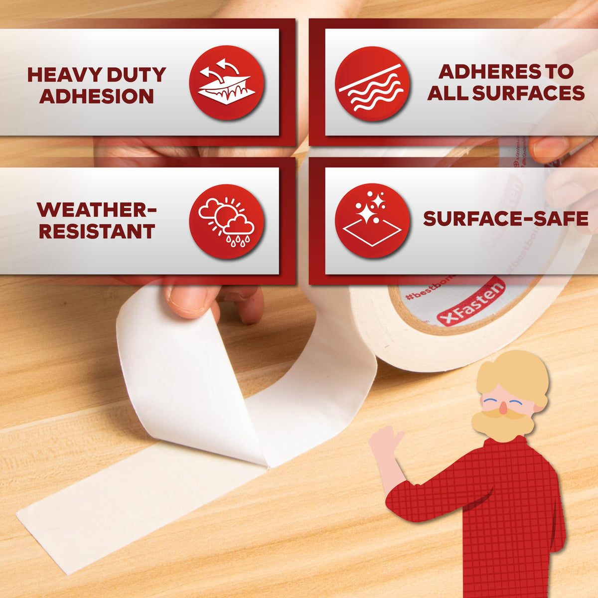 XFasten Double Sided Tape, Removable, 1/4-Inch by 20-Yards, Pack of 8 Ideal as a Gift Wrap Tape, Holding Carpets, and Woodworking