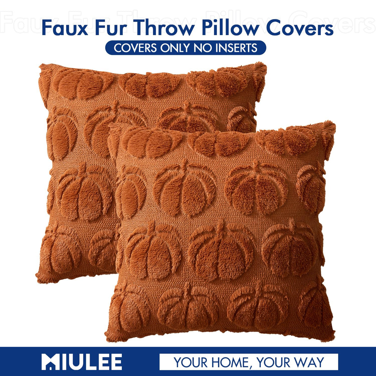 MIULEE Fall Throw Pillow Covers 18x18 Set of 2 Autumn Decorations Dark Rust Pumpkin Accent Pillowcase for Outdoor Porch Sofa Couch Bed Living Room Plush Faux Fur Halloween Farmhouse Home Decor