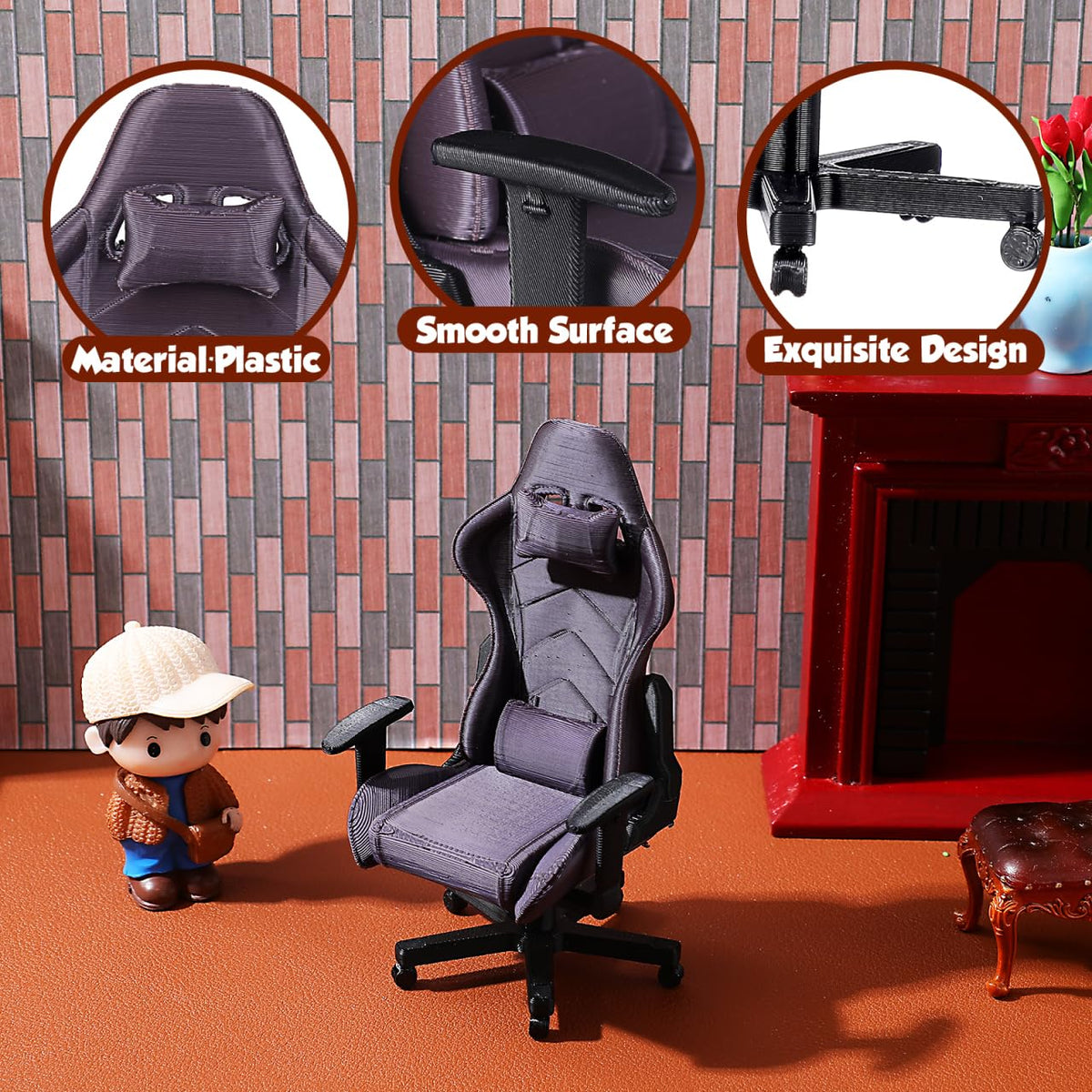 Kisangel Miniature Gaming Chair, 1:12 Scale Dollhouse Office Decor, Detailed 3D Printed Gamer Computer Desk Accessory for Collectors and Display