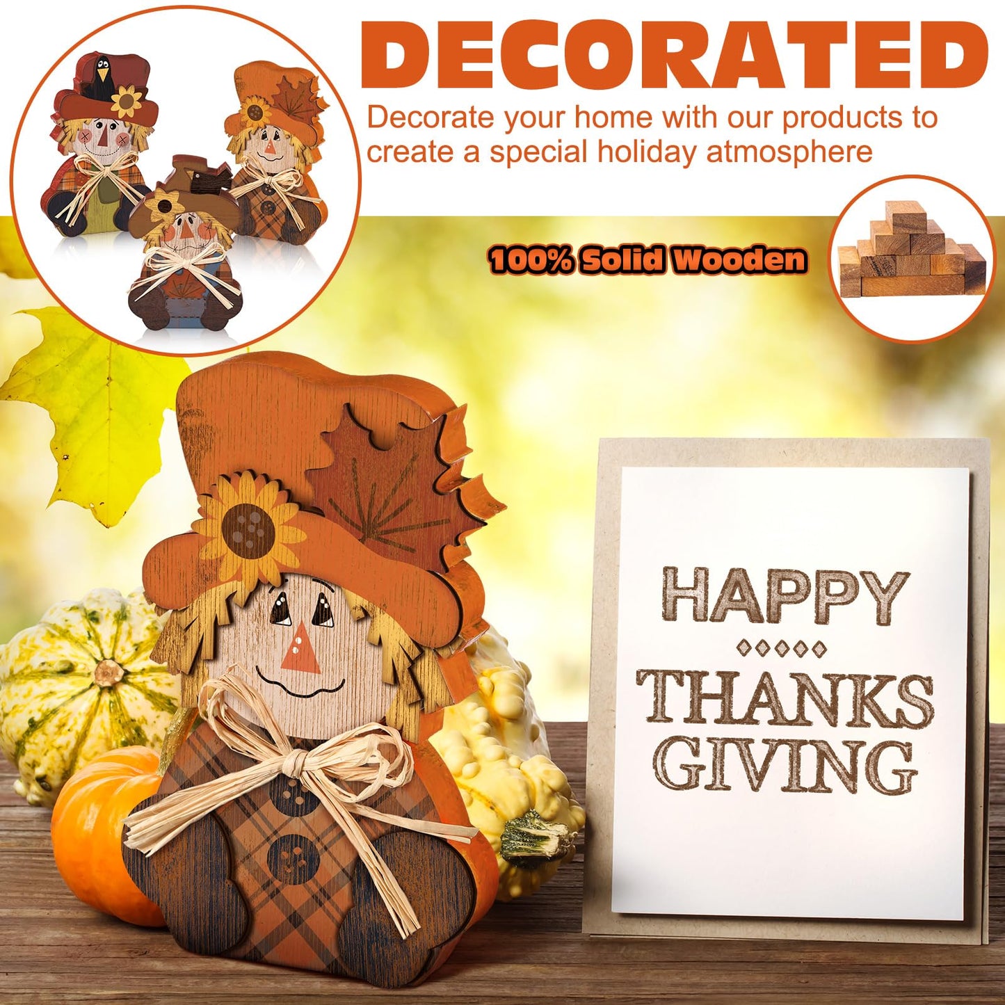 Ferraycle 3 Pcs Thanksgiving Scarecrow Decor Fall Decor Farmhouse Sign Rustic Tiered Tray Decorations Table Centerpieces Standing Pumpkin Turkey Wooden Block Sign for Home Kitchen(Scarecrow)