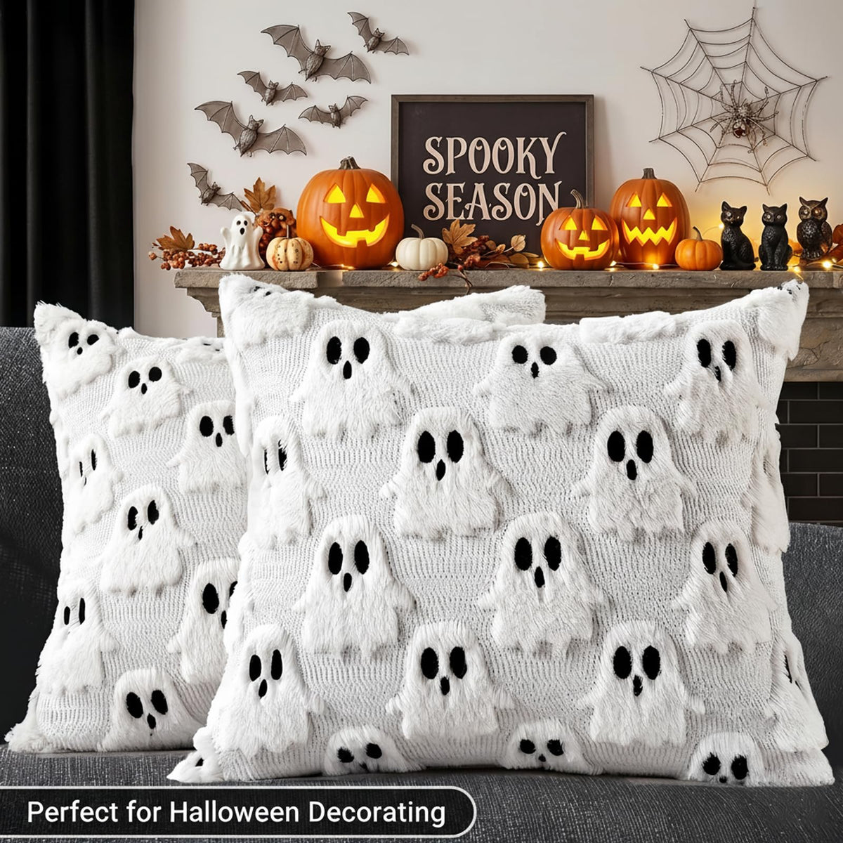 zmzdp 2PCS Halloween Pillow Covers, 18x18 inch White Ghost Throw Pillow Covers, Faux Fur Soft Couch Cushion Case, Fluffy Plush Accent Throw Pillow Case for Halloween Home Decor Indoor