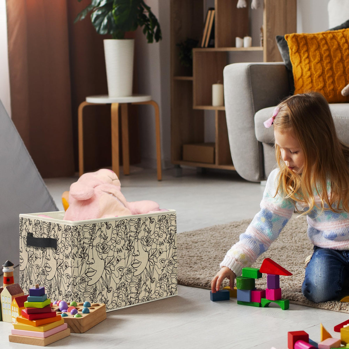 Knibeo Modern Abstract Women Faces Floral Fabric Storage Bins for Shelves Closet, Minimalist Boho Botanical Aesthetic Collapsible Cube Baskets Organizer for Clothes Books Toys