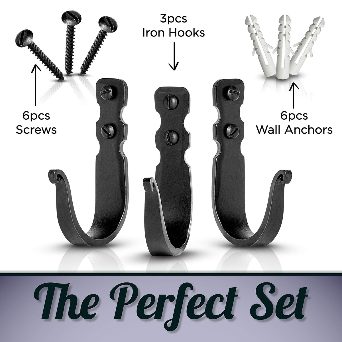 Stur-De Wrought Iron Wall Hooks – Heavy Duty Black Decorative Hooks for Hanging Coats, Bags, Hats & Towels | Rustic Metal Wall Hangers, Set of 3
