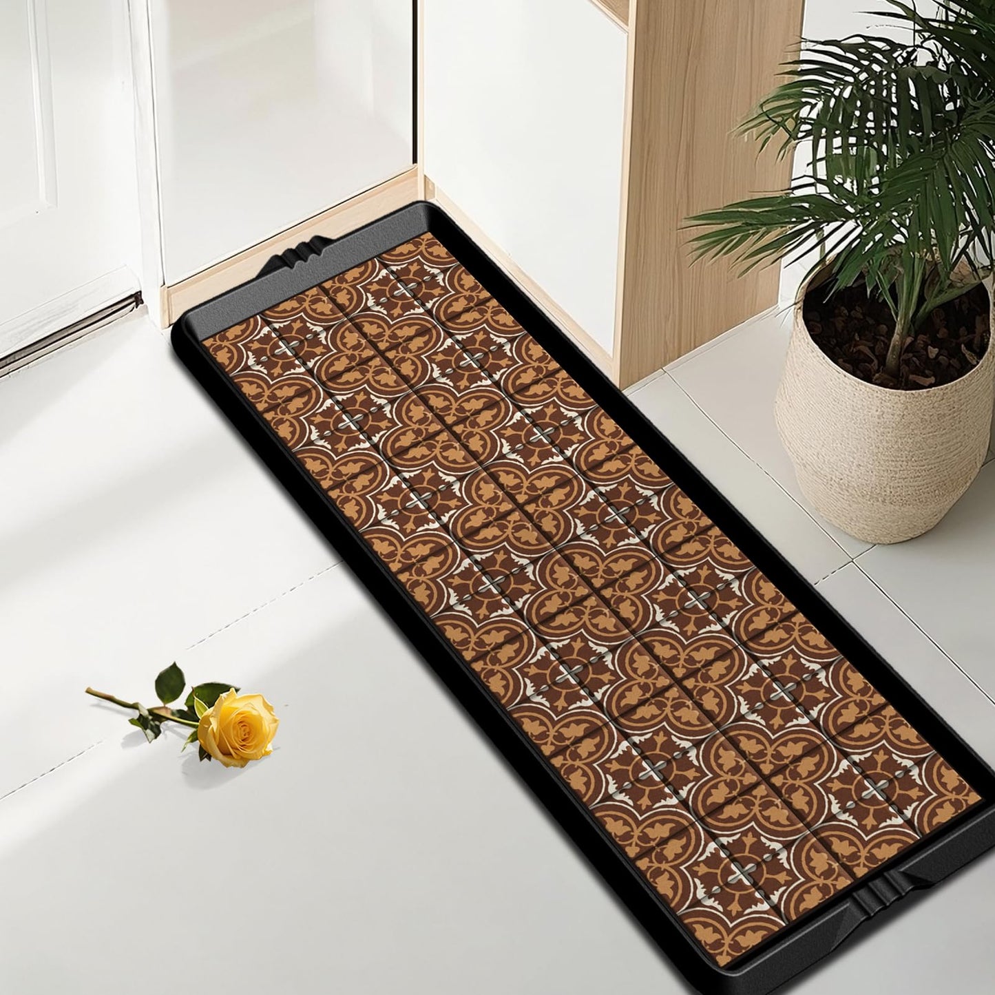 BEHERO Boot Tray Shoe Mat Decorative Patterned, Rubber Boot Matt Tray Indoor and Outdoor Use, 16" x47.5" Shoe Cleaning Mat Non-Slip, Shoe Storage Waterproof with Artistic Prints for Entryway (Brown)