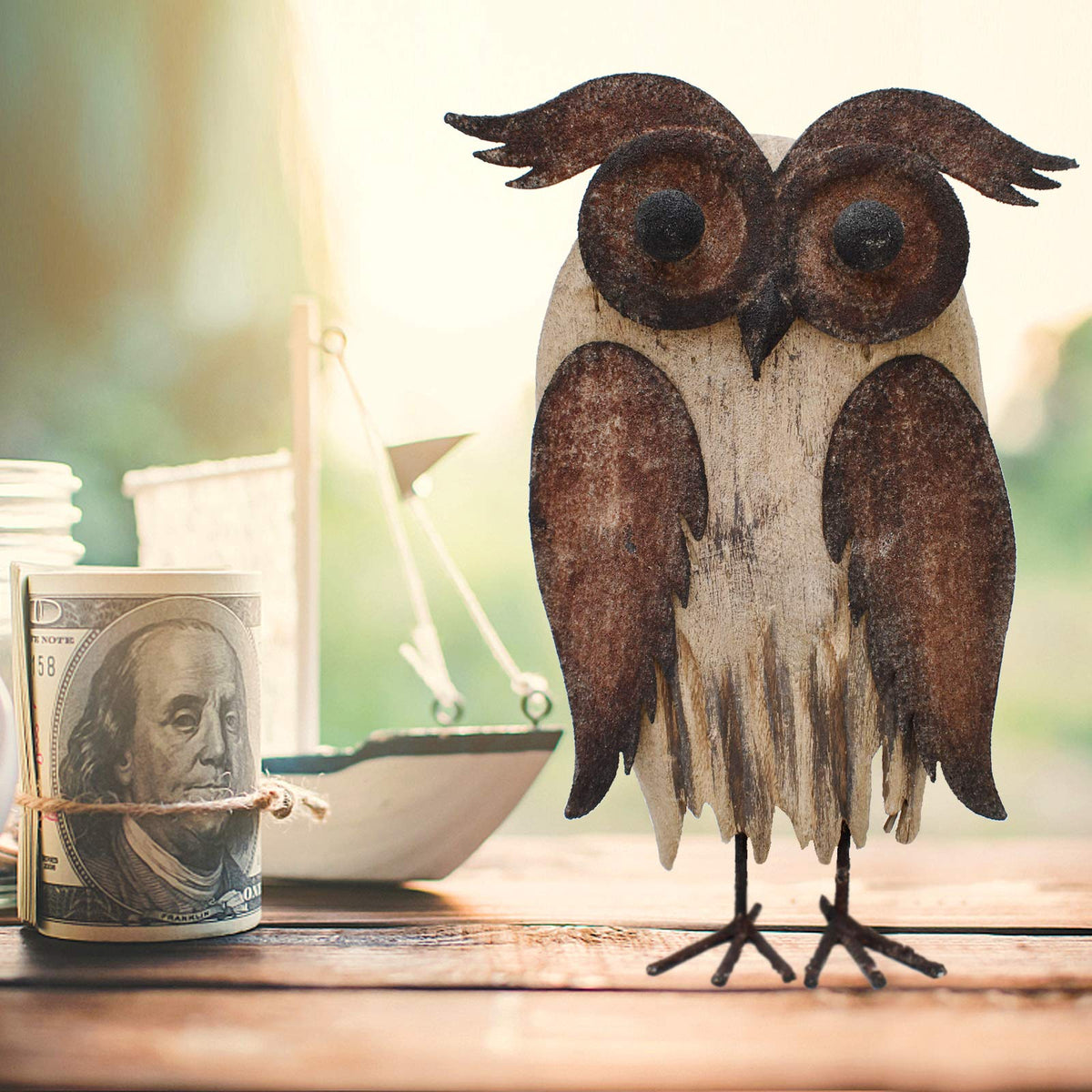 E-view Rustic Owl Figurines Decor Animal Statue for Home - Wooden Stand Owl Sculptures Decorations for Living Room Bedroom - Shelf Decoration Decorative Tabletop Collection (Owl A)