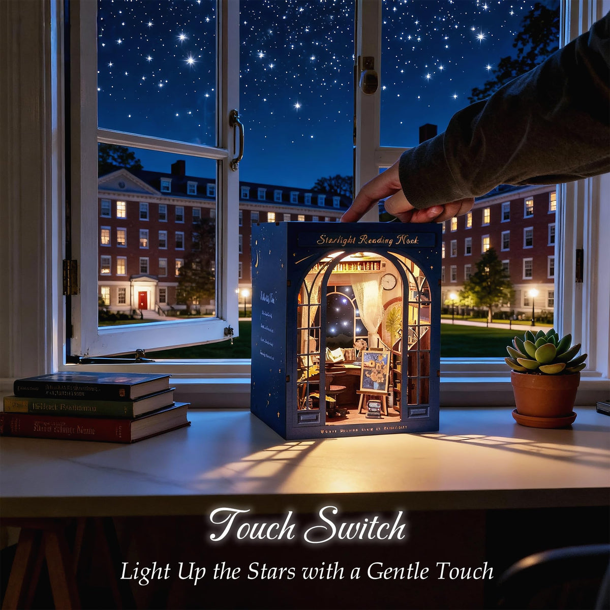 Dolphin Island DIY Book Nook Kit for Adults, 3D Wooden Puzzle Booknook Miniature House Kit (Starlight Reading Nook)