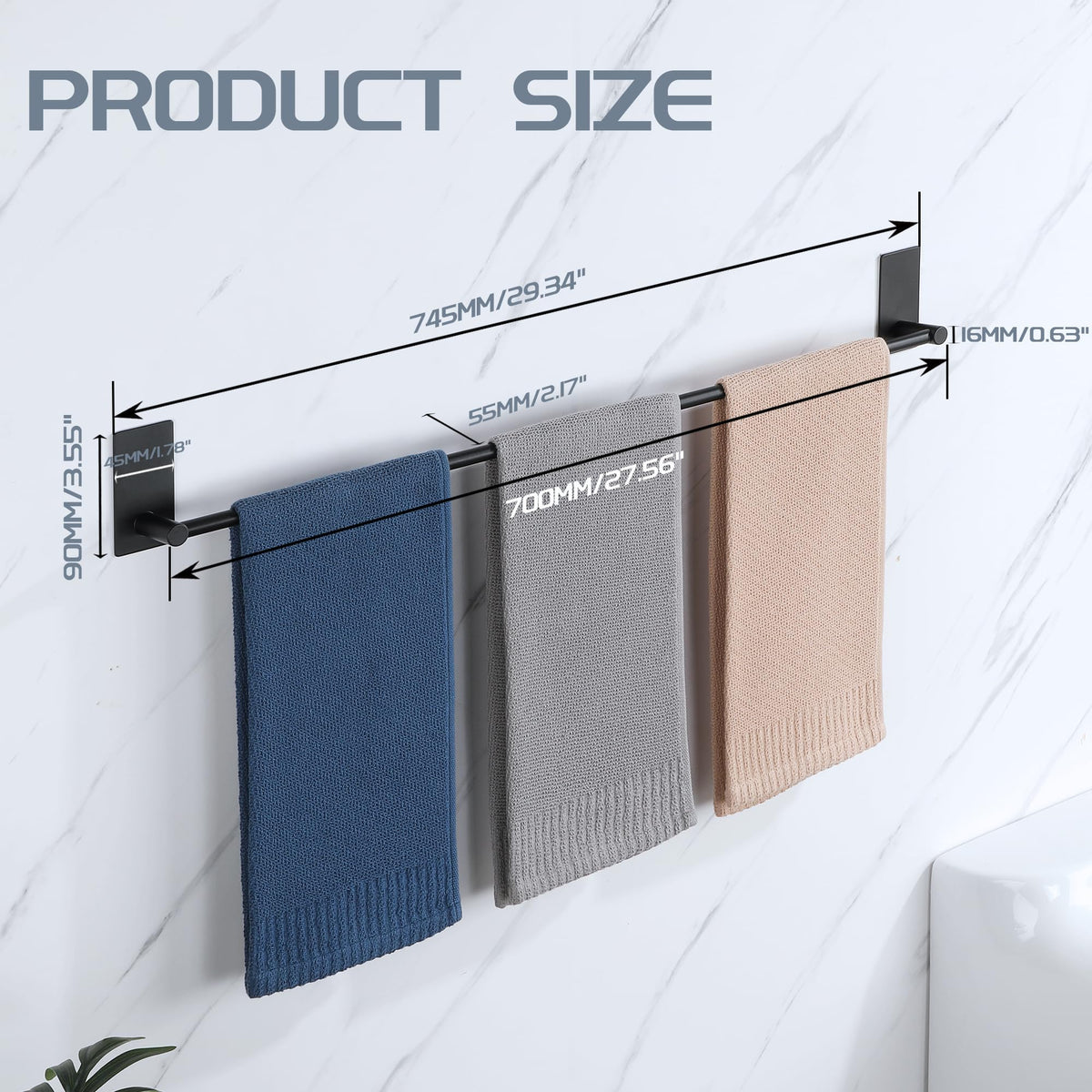 Alise Adhesive Towel Bar, 28 Inch Towel Racks for Bathroom SUS 304 Stainless Steel,Long Bathroom Towel Holder No Drill, Strong Self Adhesive Towel Bar, Matte Black