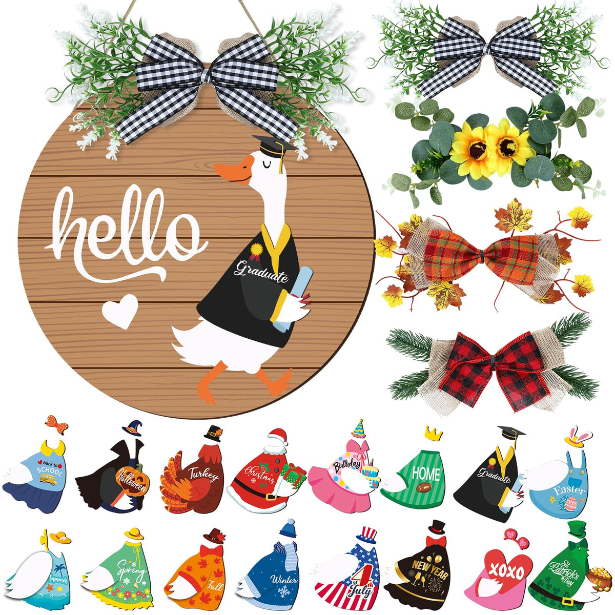 Seasonal Interchangeable Welcome Home Sign,Graduation Porch Goose Welcome Sign Front Door Decor With 4 Seasonal Wreaths and 32 Changeable Icons, Rustic Wood Wall Porch Hanger for Holiday Halloween Christmas Housewarming Gift