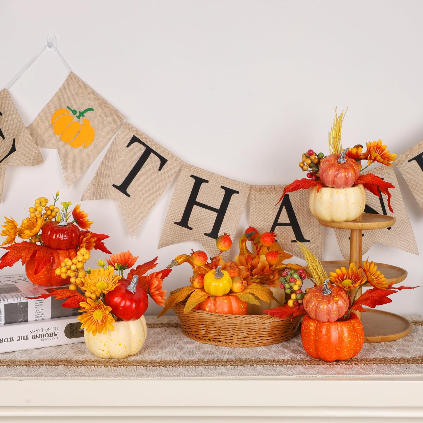 winemana Fall Decorations for Home - Set of 6 Artificial Pumpkins with Maple & Flowers, Thanksgiving Table Decor, Pumpkin Vases Centerpiece for Kitchen Office Indoor