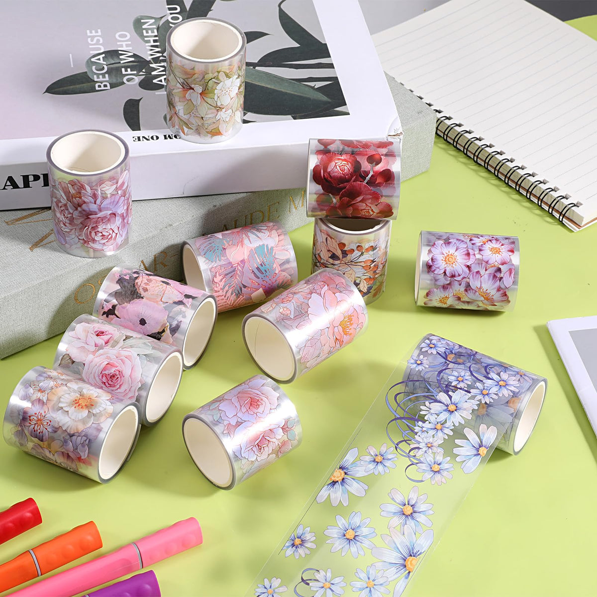 Exclaith 12 Rolls Floral PET Tape for Journaling and Scrapbooking Aesthetic Washi Tapes Floral Journaling Tape for Art Crafts, Aesthetic Washi Tapes Scrapbooking Supplies