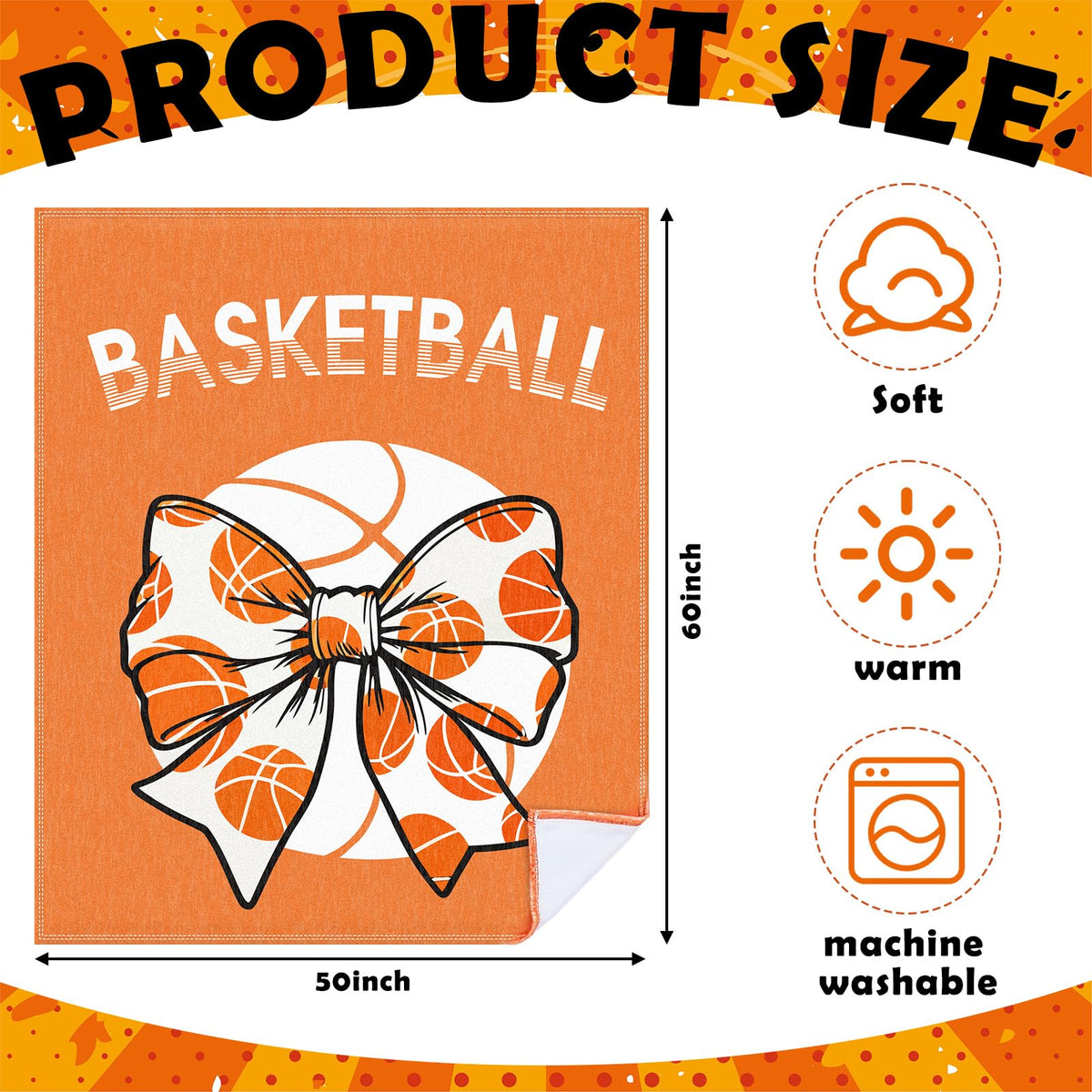 Hillsuren Orange Basketball Coquette Bow Blanket 50 x 60 Softball Sports Throw Blanket Bow Stuff Team Gifts for Ball Lovers Players Home Decor Halloween Christmas Thanksgiving Gift