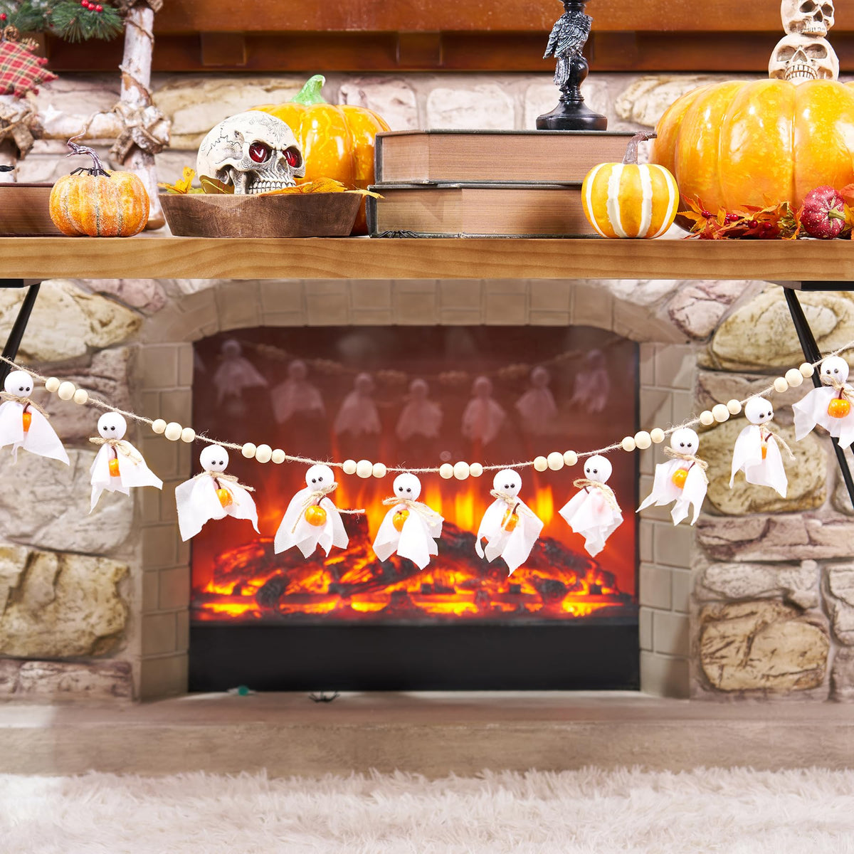 Cute Halloween Ghost with Wooden Beads Garlands, Handmade Rustic Halloween Banner for Wall Home Indoor Outdoor Spring Decor Supplies (Pumpkin)