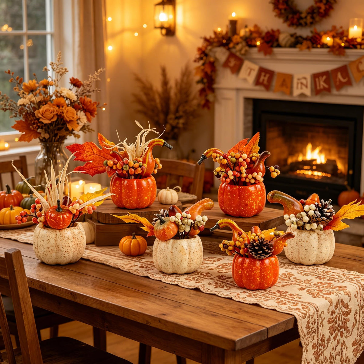 winemana Fall Decorations for Home - Set of 6 Artificial Pumpkin, Berry & Pine Cone Table Centerpiece for Office, Thanksgiving, Bathroom Kitchen Autumn Decor