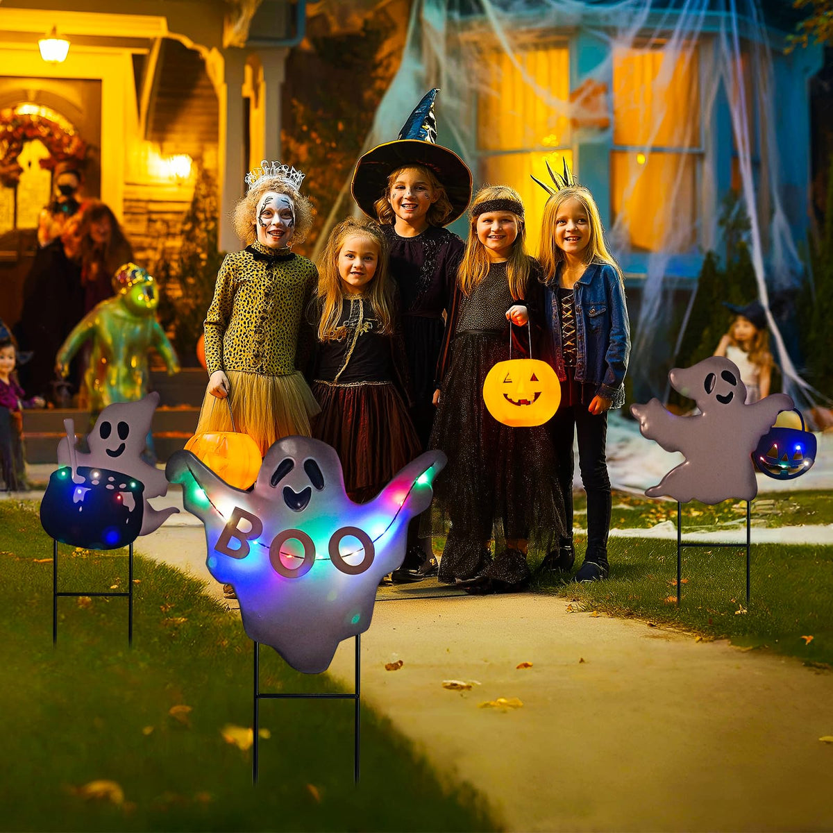 HONGLAND Solar Powered Halloween Yard Stakes, 3 Pack 24" Metal Outdoor Decor with Ghost, Pumpkin and Cauldron for Garden, Lawn, Patio
