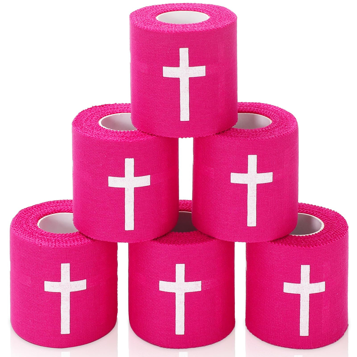 JarThenaAMCS 6 Rolls Christian Athletic Tapes Hot Pink Cross Sport Tapes First Aid Injury Wrap for Soccer Football Baseball Gymnastics Boxing Trainers Church Gifts, 2 Inch x 23 Ft