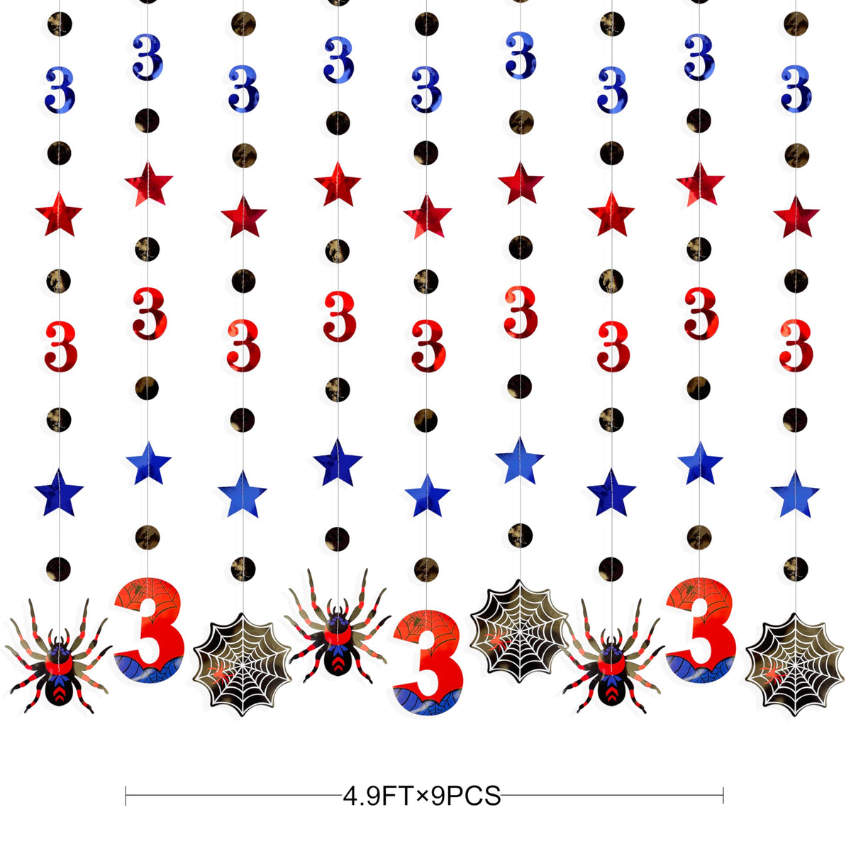 42Ft Spider 3rd Birthday Party Decorations Red Blue Stars and Black Spider Web Garland Streamer for Kids Boys 3rd Cartoon Spiders Birthday Super Heros Baby Shower Cartoon Bday Party Decor Supplies